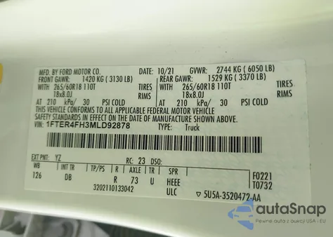 2021 Ford Ranger Lariat z USA, uszkodzony, nr VIN 1FTER4FH3MLD92878